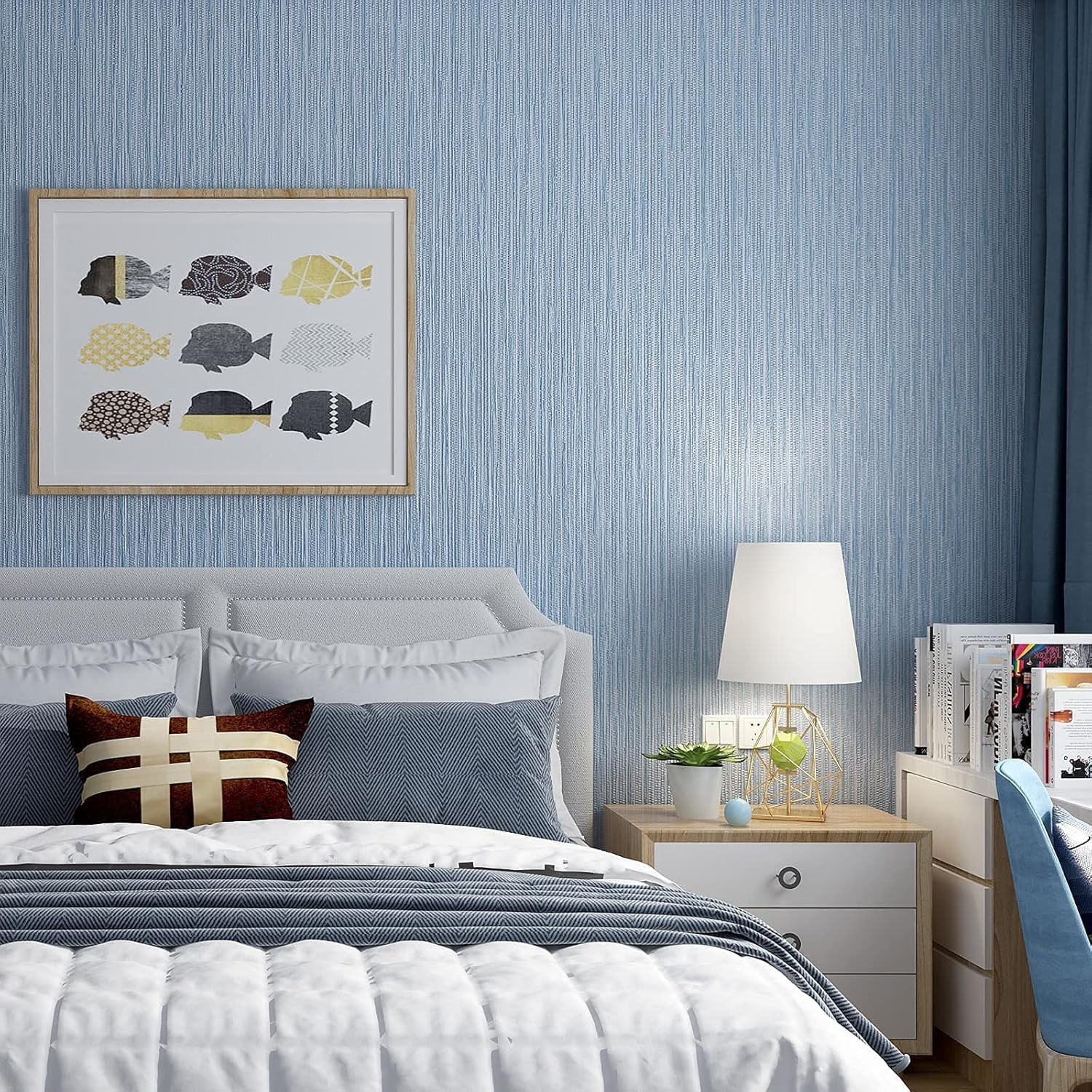 Grasscloth Wallpaper Textured 24in X 393in Fabric Contact Paper Grey Blue Wall Paper Textured Linen Peel and Stick Self-Adhesive Thick Vinyl Embossed Film Wallpaper (Gray Blue)