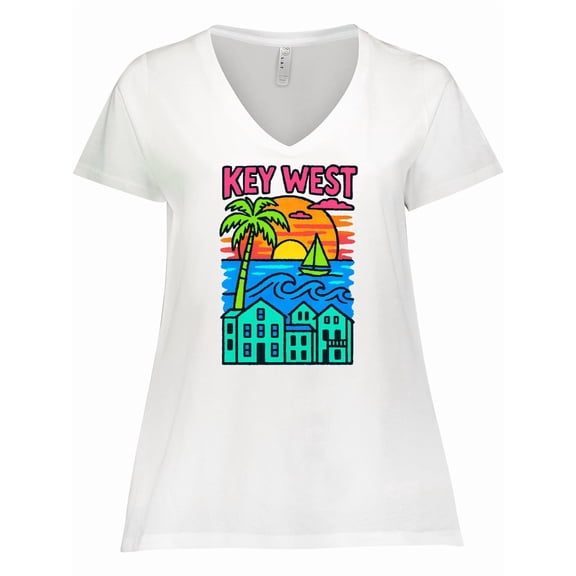 Inktastic Key West Sunset Tropical Vibes Women's Plus Size V-Neck T-Shirt