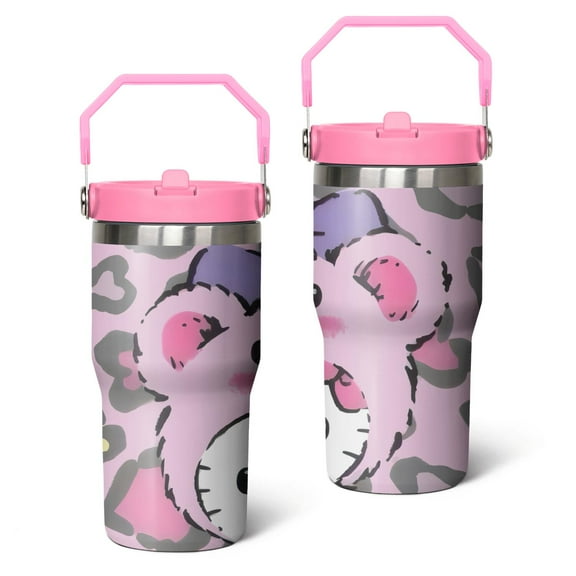 20oz Hello Kawaii Cat Cute Stainless Steel Tumbler with Lid and Straw,Spill Proof Travel Cup Double Wall Vacuum Insulated Coffee Mug with Top Handle Pink