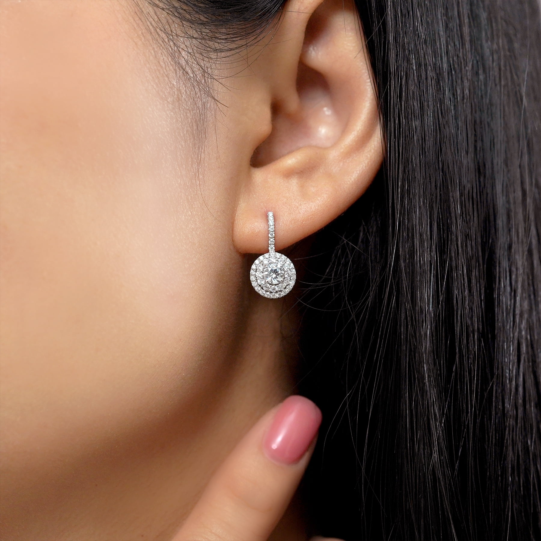 JeenMata 1 Carat Lab Grown Diamond Halo Drop Earrings - Round Cut Vintage Inspired Earrings in White Gold Plating