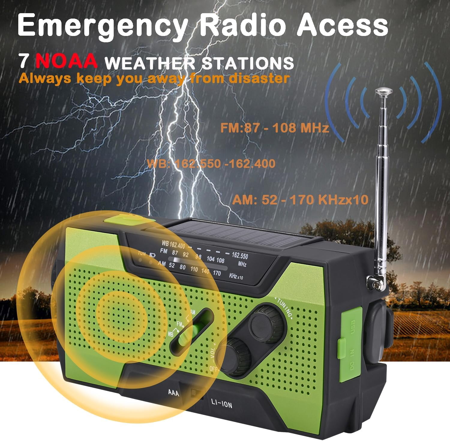 Emergency Weather Radio, 5000mAh Solar Hand Crank USB Charging Portable AM/FM/NOAA Radio, SOS Alarm & Flashlight for Indoor/Outdoor Emergencies