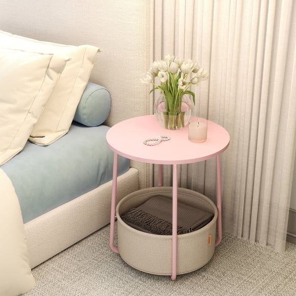 VASAGLE Mesa Auxiliar, Mesa Lateral Redonda con Cesta de Tela, Mesita de Noche, Estilo Moderno, Rosa Pastel y Blanco Nube