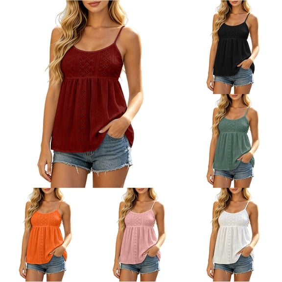 CUSTG Women Sleeveless Mesh Embroidered Solid Color Camisole Tops Lace Up Tank Layering O-Neck Birthday Ladies Summer Shirts