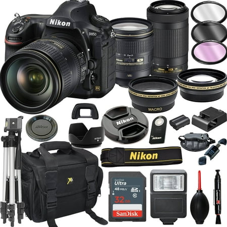 Nikon D850 DSLR Camera with 24-120mm VR  and 70-300mm VR Lenses + 32GB Card, Tripod, Flash, and More (21pc