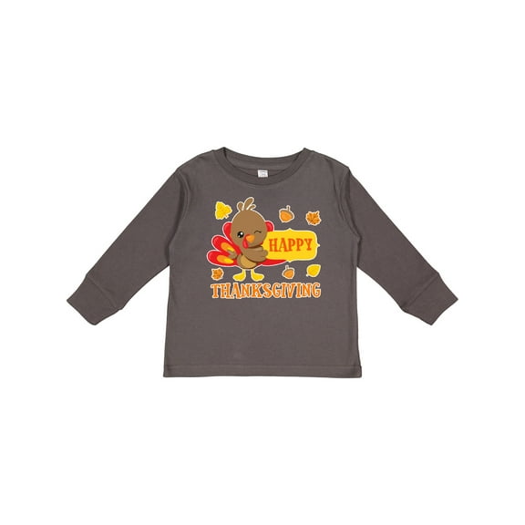 Inktastic Happy Thanksgiving with Cute Turkey and Leaves Boys or Girls Long Sleeve Toddler T-Shirt