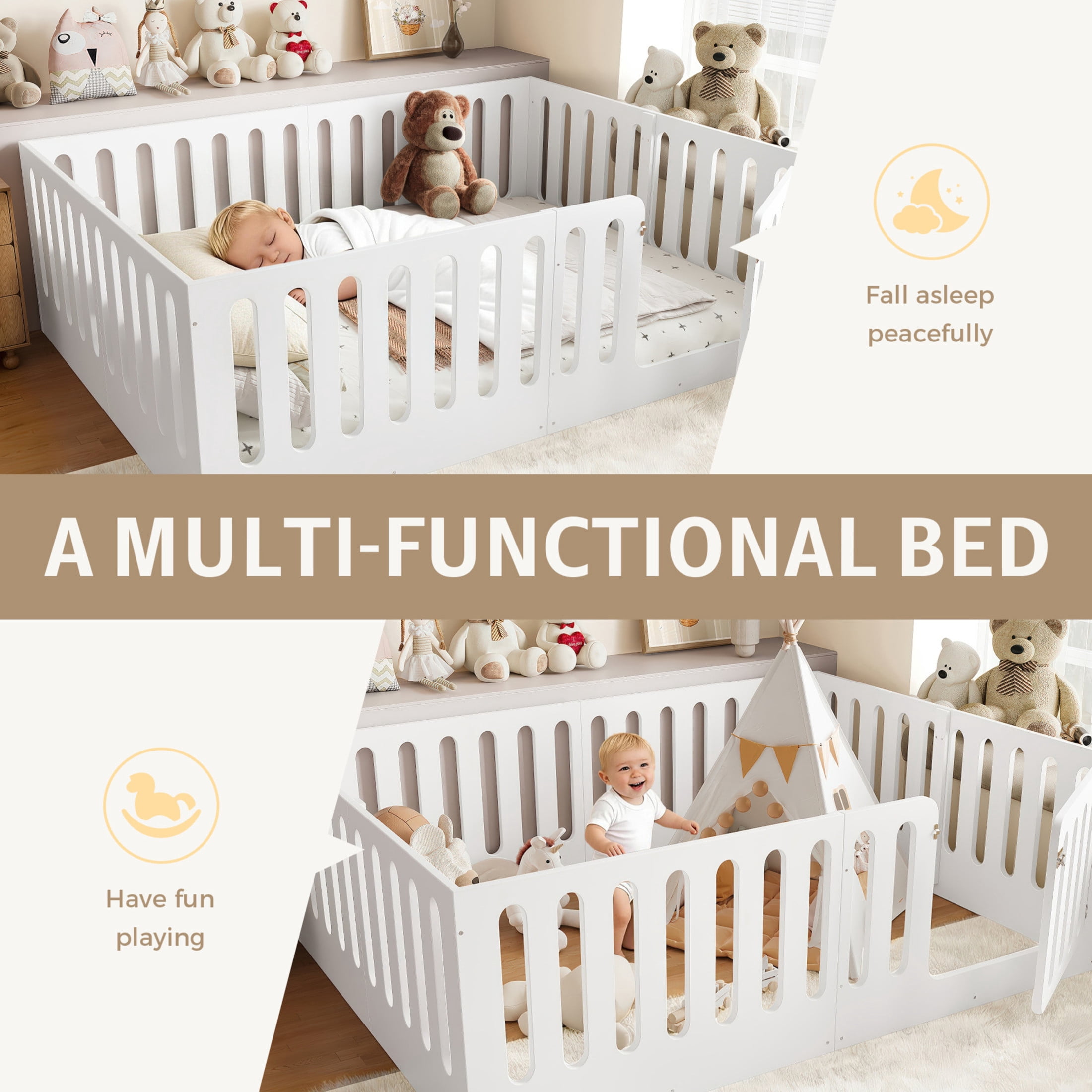 Noble House Queen Size Montessori Floor Bed with High Fence, Solid Wood Kids Bed Frame, White