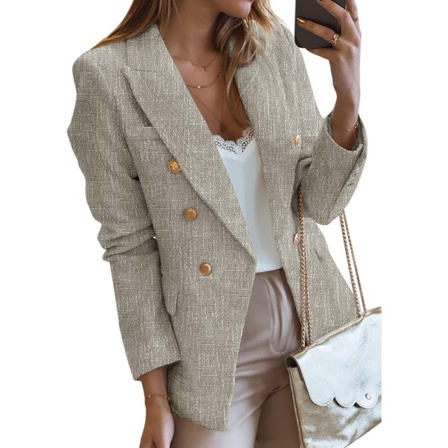 Womens Double Breasted Tweed Blazers Casual Long Sleeve Open Front Blazer Jackets Work Suits