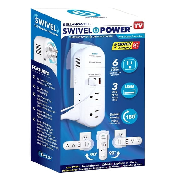 Bell + Howell Swivel Power with Surge Protection, 6 Power Outlets, 3 USB Ports, and Swivel Rotation