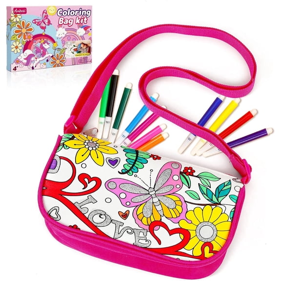DIY Coloring Handbag Kit for Girls, Butterfly Design Graffiti Bag with 12 Pens, Arts and Crafts Gift