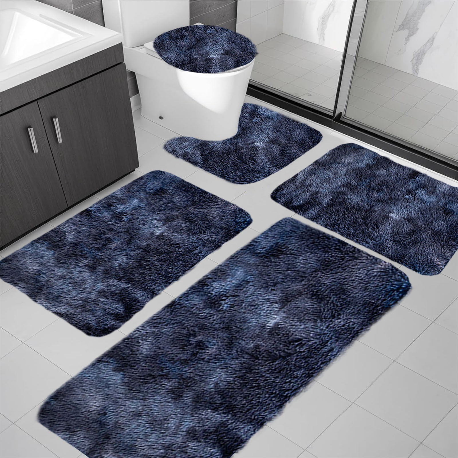 5-Piece Mixed Color Bathroom Rugs Set, Non Slip Long Plush Mat, Water Absorbent Toilet Carpet for Shower Floor