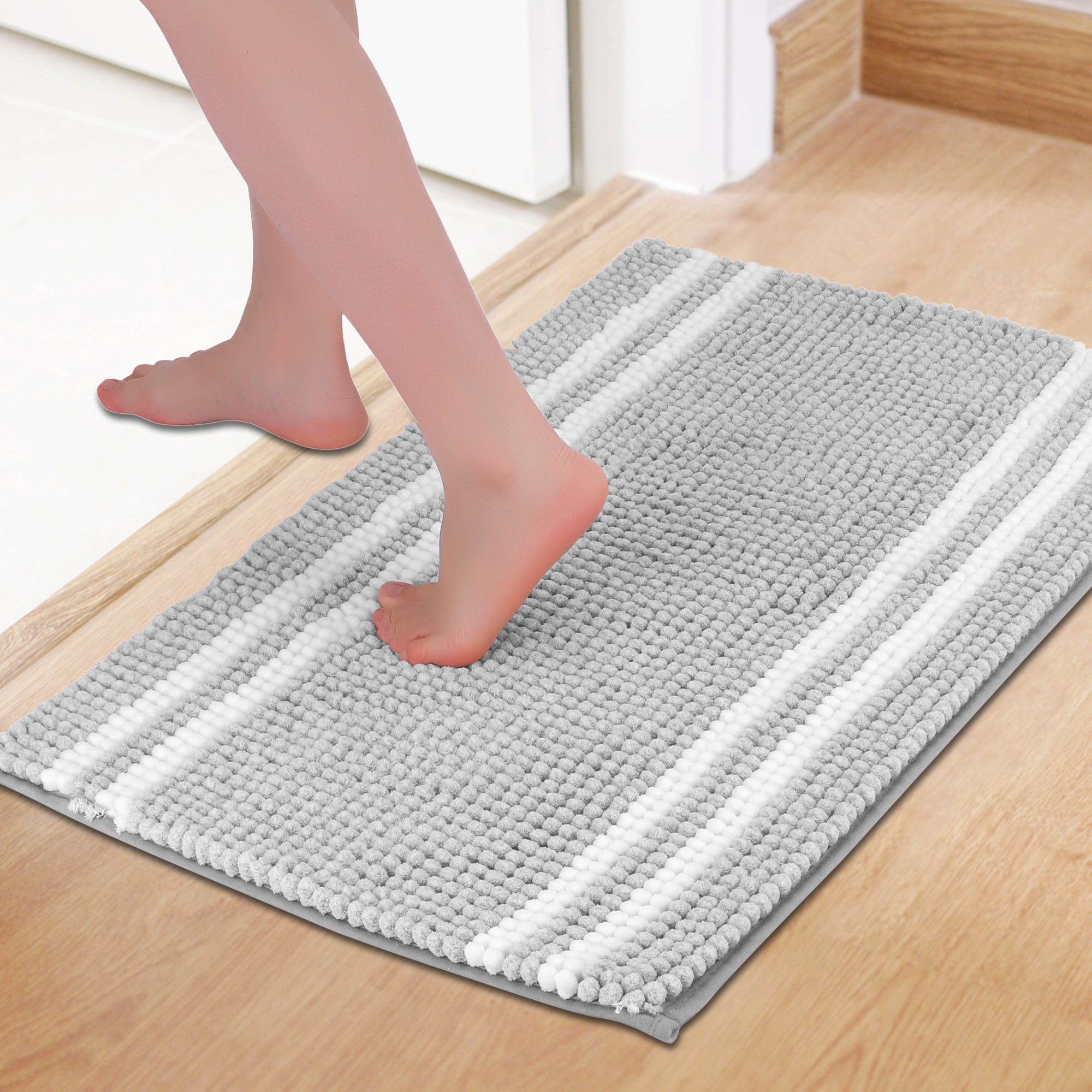 Unique Bargains Striped Bathroom Rugs Soft Fluffy Chenille Bath Rugs Light Grey 16" x 24"