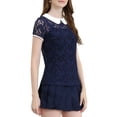 thumbnail image 5 of INSPIRE CHIC Women's Contrast Peter Pan Collar Short Sleeve Sheer Lace Blouse M Dark Blue, 5 of 7