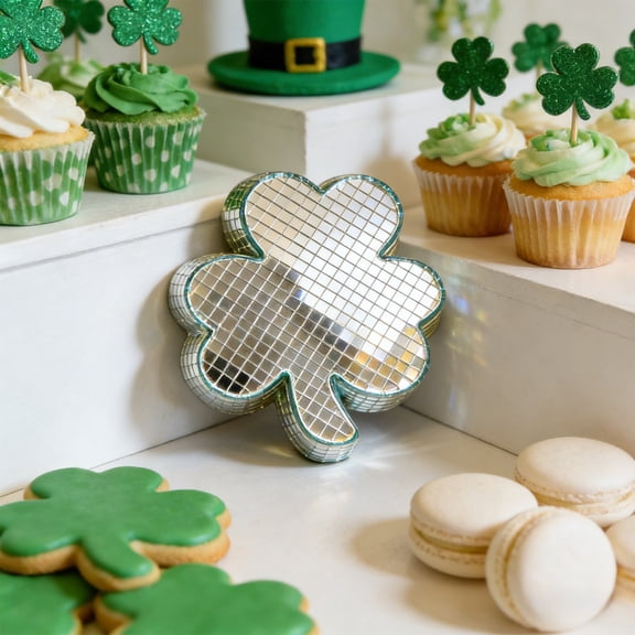 DAMAI St. Patrick's Day Table Decor Disco Shamrock Tabletop Decorations 4.7" Glitter Shamrock Shaped Decor Disco Mirror Clover Table Centerpiece for St. Patrick's Day Home Decorations
