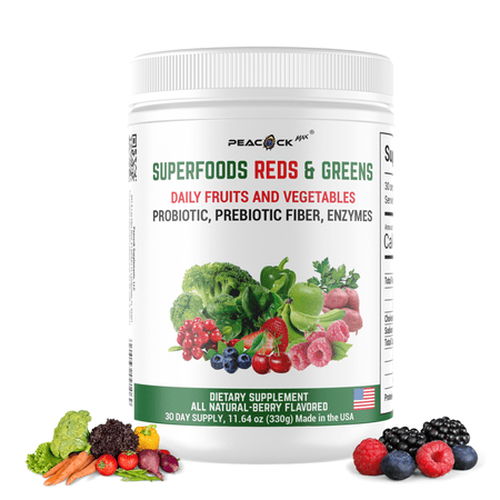 Peacock Max Reds & Greens Superfood Powder – 11.64 oz, Prebiotics, Probiotics, Ashwagandha, Vegan