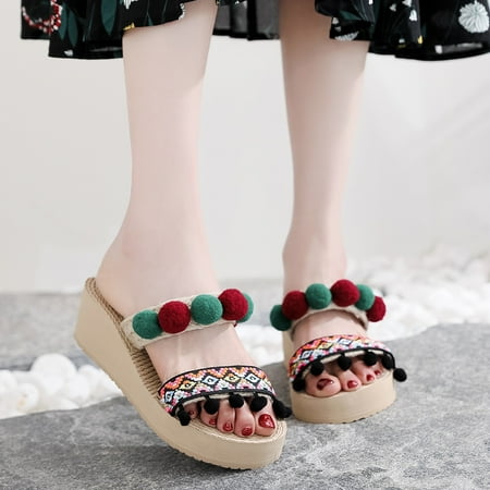

Aayomet Summer Slippers for Women Women s Summer Non Slip Hairball Slip On Wedges Beach Open Toe Breathable Sandals Shoes Red 8