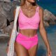 thumbnail image 5 of Trajes de baño Tankini Amzcrzy para mujer , moda, sin mangas, bikini sólido, traje de baño push-up, traje de baño acolchado, blusa, pantalones, cuello en V, nudo frontal, conjuntos de dos piezas, 5 of 8