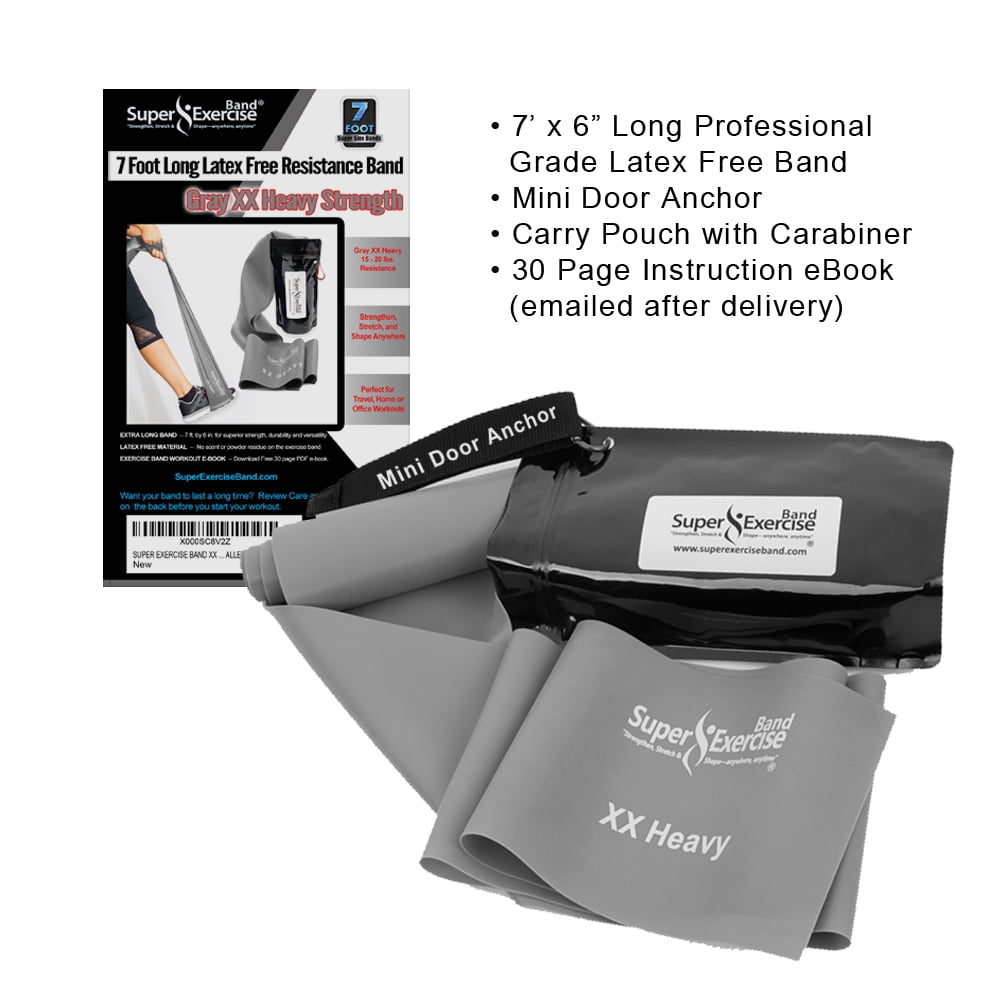 Super Exercise Band USA X HEAVY Strength Black 7 ft. Long. Latex Free Resistance Band. Door Anchor Carry Pouch E book and iPhone App included