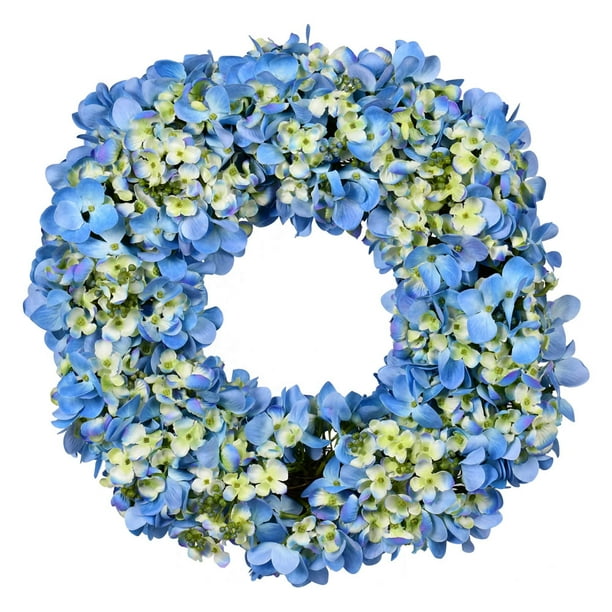blue and purple hydrangea wreath