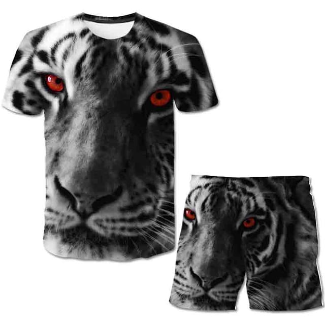 Conjuntos de ropa de tigre para niños y niñas, camisetas de verano para niños, Tops + pantalones cortos de cintura elástica, ropa informal de dos piezas de dibujos animados, trajes 9T Gao Jinjia LED