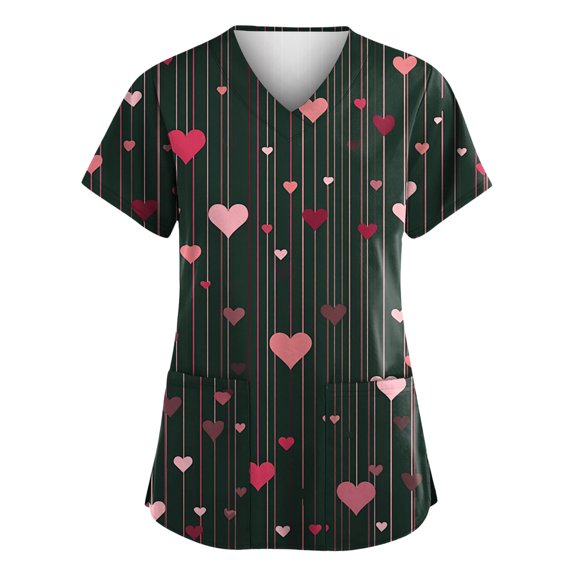 Womens Valentine's Day Scrub Top Love Heart Printed Plus Size Scrubs Short Sleeve V-Neck Working Uniform 2026 Valentine's Day New Medical Plus Size Scrub T Shirts