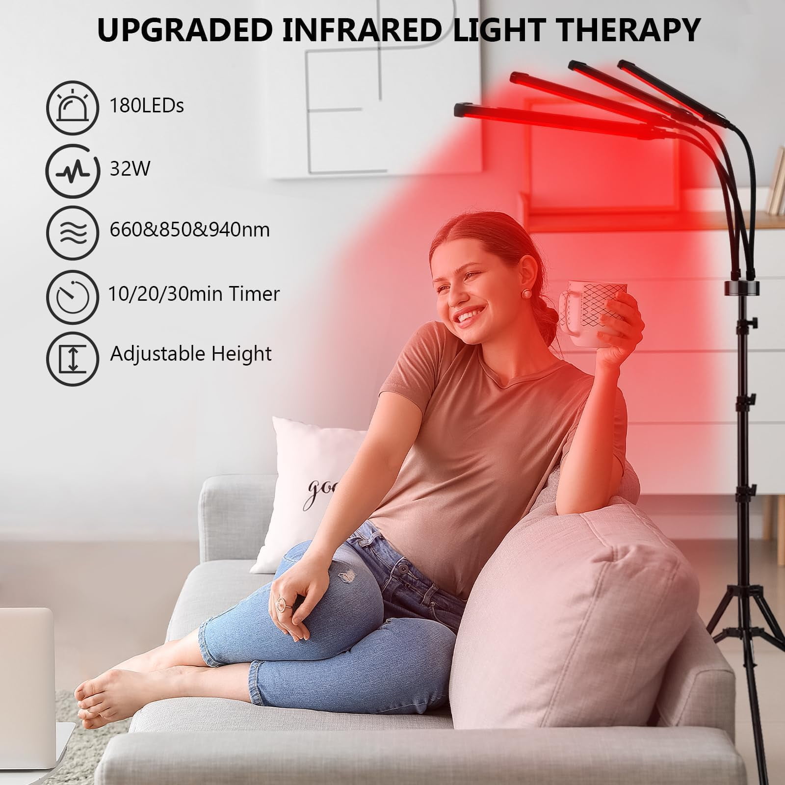 Red Light Therapy Lamp, 660nm & 850nm & 940nm Infrared Light Therapy Lamp with Stand, Height Adjustable & Angle Adjustable & Timer, 32W 180LEDs Infrared Light Therapy for Body