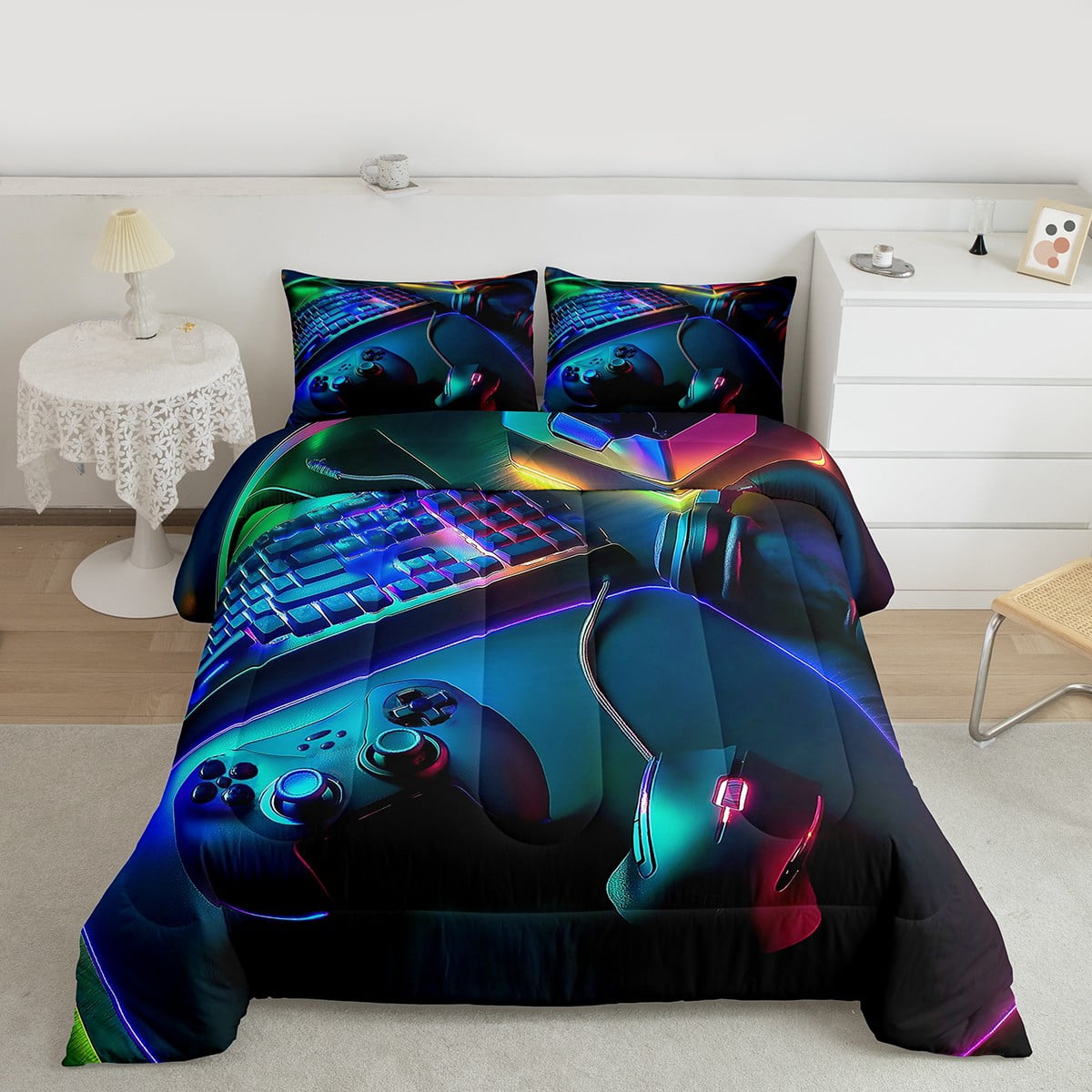 Erosebridal Gaming Bedding Set,Headset Mouse Keyboard Gamepad Pattern Down Comforter King Size ,Gamer Player Themed Comforter Set,Soft Home Bedroom Decorative