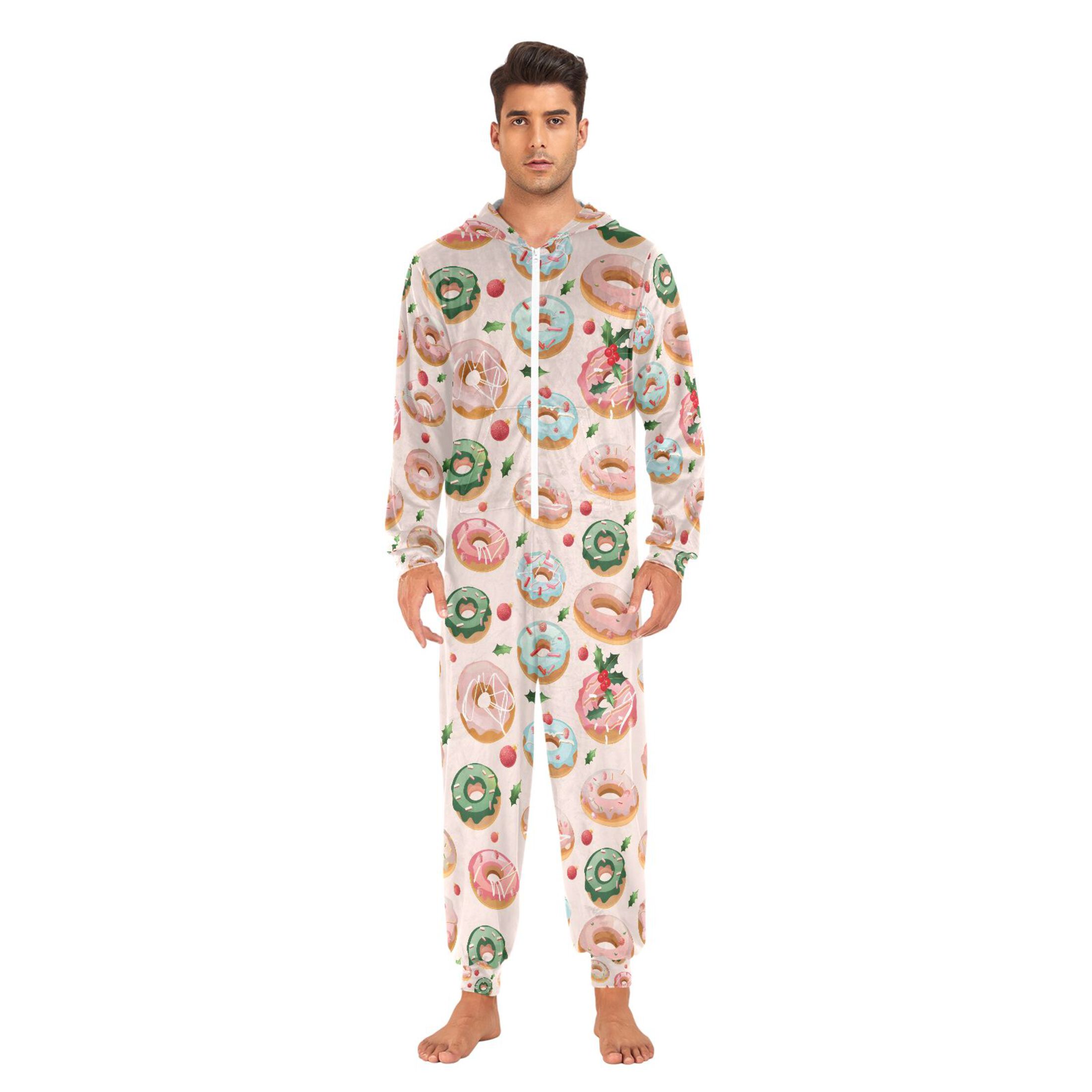 Adult Christmas Onesie Christmas Donuts Adult Zipper One-Piece Pajamas Unisex Pajamas with Pockets