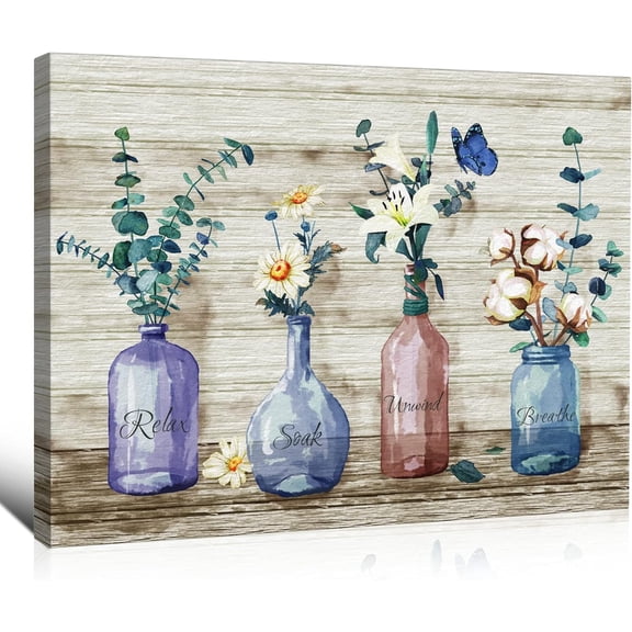 Botanical Flower Farmhouse Wall Decor Glass Art Flower Bottle Modern Rustic Farmhouse Living Room Canvas Wall Art for Bathroom, Kitchen, Bedroom