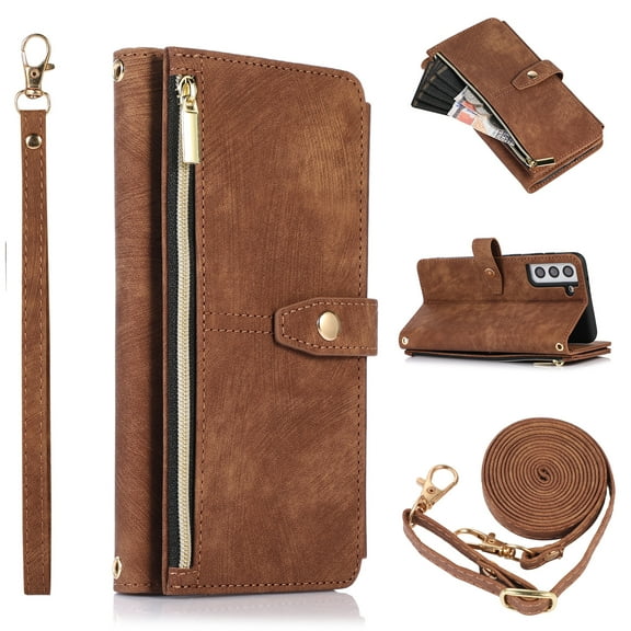 Allytech PU Leather Case for Samsung Galaxy S22 Plus 5G 2022, Removable Adjustable Crossbody Shoulder Strap [9 Card Holders] Lanyard Purse Stand Wallet Cover for Samusng S22 Plus 6.6 inch, Brown