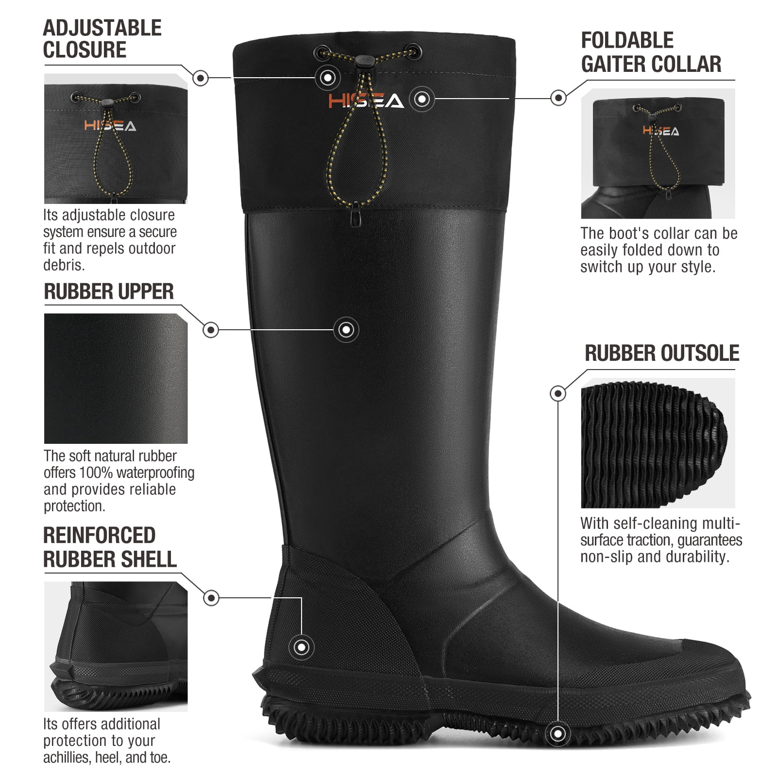 HISEA Men’s Rubber Rain Boots with Adjustable Closure for Men, Black, US Size 9