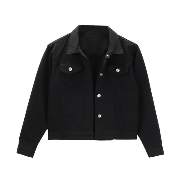 DondPO Jean Jacket Women Women's Basic Solid Color Button Down Denim Cotton Jacket wirh Pockets Crop Jacket Coat Womens Jean Jacket Womens Denim Jacket Black 2XL Clearance!