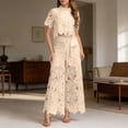 thumbnail image 2 of Short Sleeve Turn Down Collar Lapel Hollow Out Lace Vest and Wide Leg Pants Two Piece Outfit Women Summer Solid Color Yellow L, 2 of 5