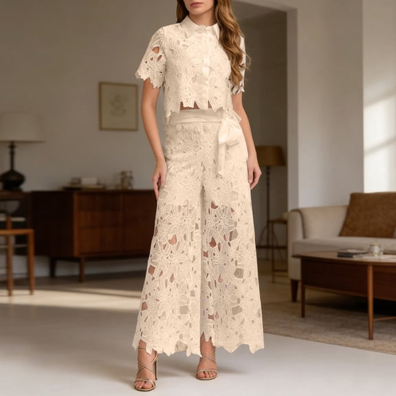 Two Piece Outfits For Women Lapel Hollow Out Lace Vest Pants Set Floral Sleeveless Cropped Vest And Wide Leg Pants Suits