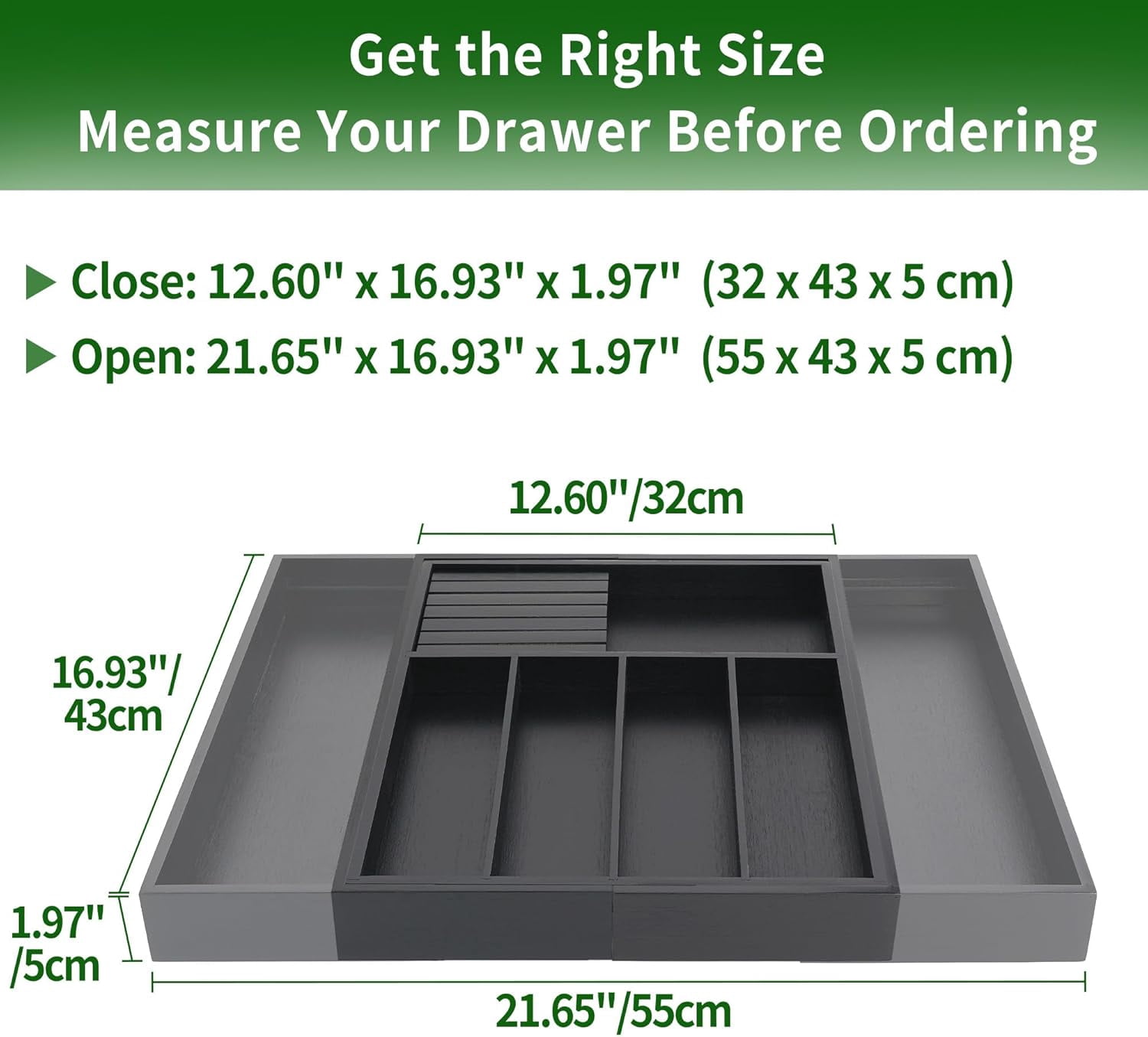 Utoplike Premium Bamboo Silverware Drawer Organizer, Expandable Utensil Tray with Removable Knife Block, 5-7 Compartments for Flatware (Black)