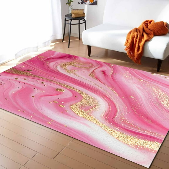 Area Rugs Indoor Non-Slip Rectangle Rug 5x7 Ft Pink Marble Abstract Gold Foil Modern Rug Rubber Backing Floor Mats Non Shedding Home Decor Carpet for Entryway Living Room