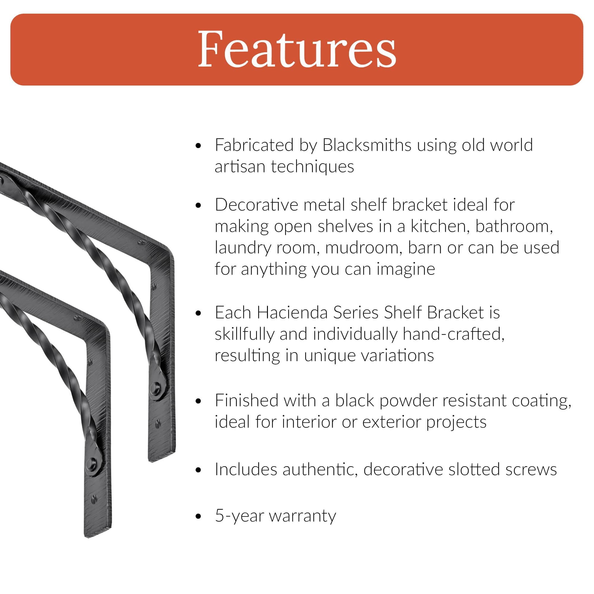 4 Pack Wall Shelf Brackets Heavy Duty Support 12 inch by 10 inch Hand Forged Wrought Iron for Open Shelves in Hallways, Kitchens, Closets & Garages - The Hacienda Series