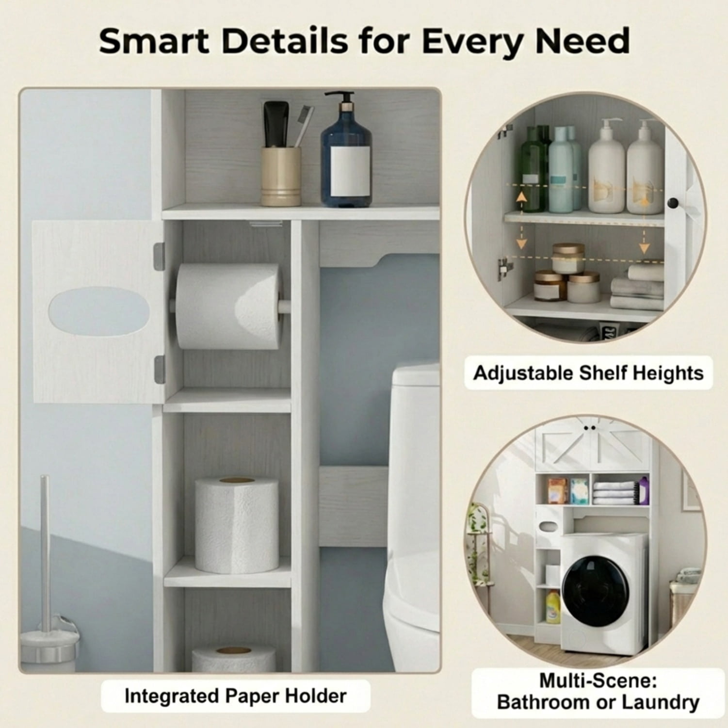 Over The Toilet Storage Cabinet, White Bathroom Organizer with Reversible Side Shelves, 32.3"W Farmhouse Rack with Barn Doors