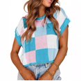 thumbnail image 2 of Tank Tops for Women Color Block Plaid Knitted Round Neck Short Sleeve Tops, 2 of 6