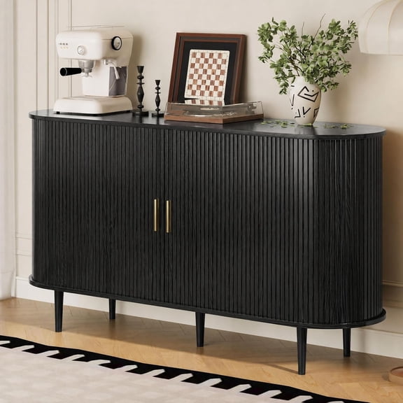 55" Black Sideboard Buffet Cabinet, Mid-Century Modern, Fluted Accent, Tambour Sliding Doors, Adjustable Shelf, Coffee Bar Console Table for Living Room, Kitchen, Entryway