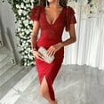 thumbnail image 5 of LYEAA Midi Dresses for Women Formal Short Sleeve V Neck Sequin Dress Sheath Elegant Dress Slit Bodycon Solid Color Evening Gown Cocktail Dress Fashion Holiday Party Club Dress Stretchy Dress Red L, 5 of 8