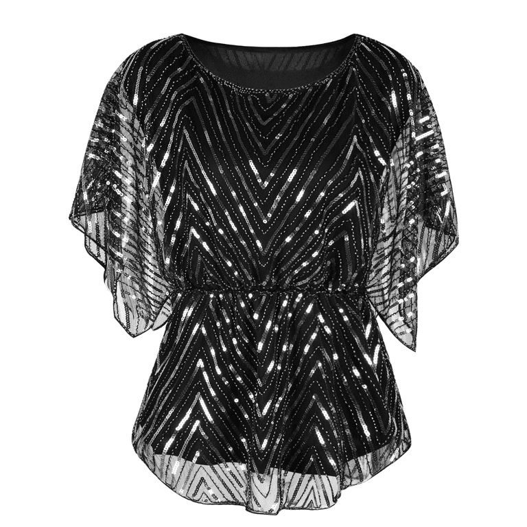 PrettyGuide Women's Sequin Blouse Tops Sparkly Beaded Evening Formal Party Dressy  Tops 