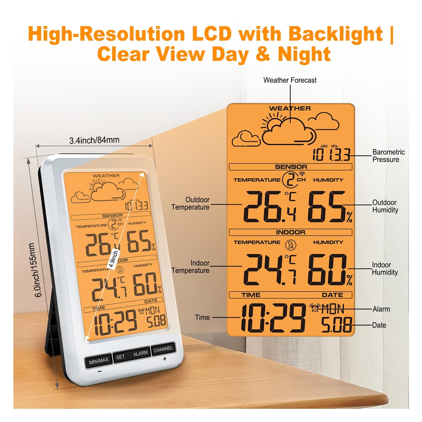 Wireless Weather Station with LCD Backlight, Digital Thermometer Hygrometer