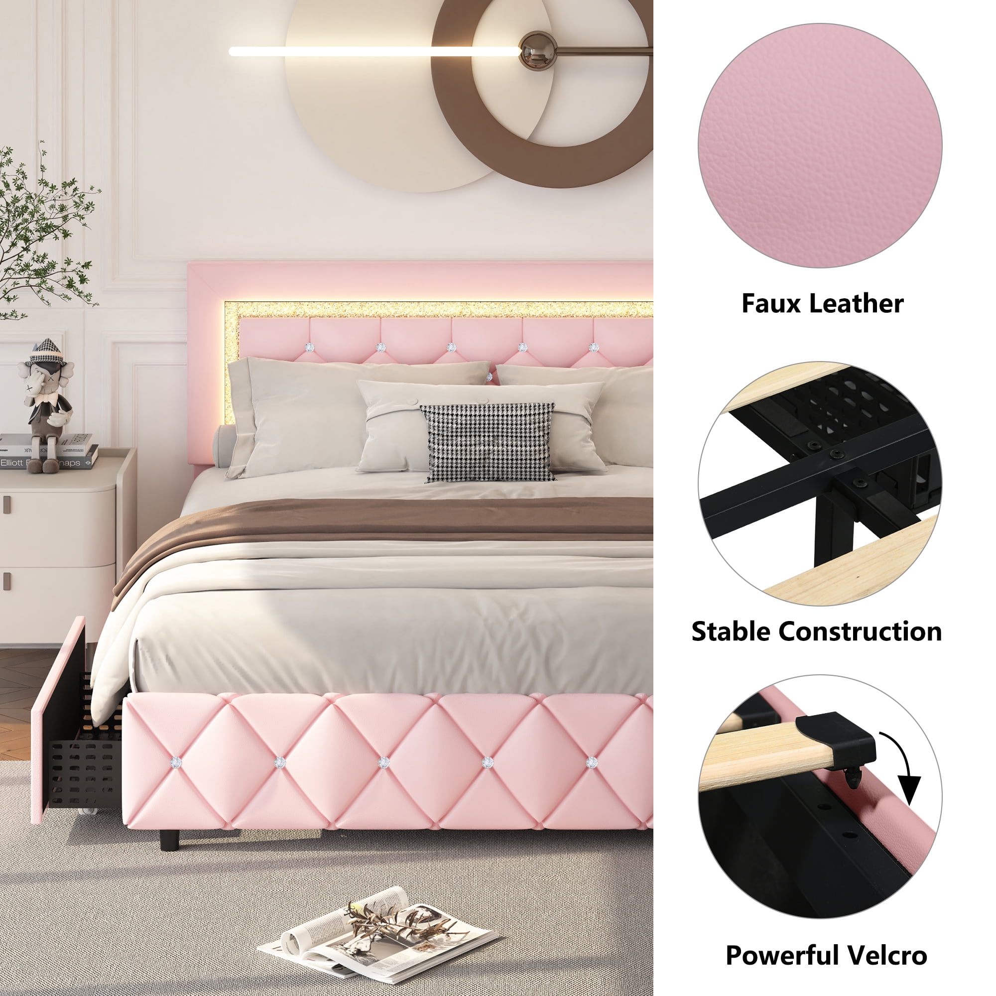 4 EVER WINNER Twin Size LED Bed Frame with Storage, Upholstered Platform Bed with 2 Drawers, Adjustable LED Lights Headboard, Pink