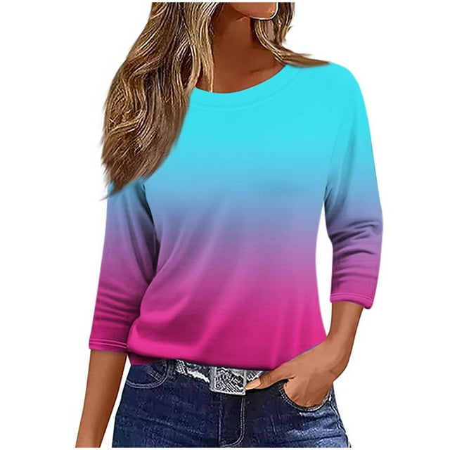 SwiftWear Hauts d'Été pour Femmes Manches 3/4 Mode 2025 T-Shirts Amples Col Rond Dégradé Basiques