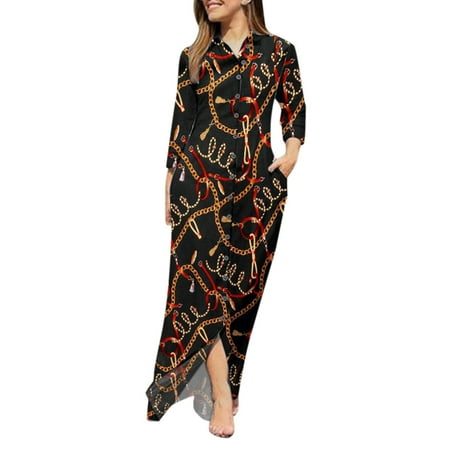 

Ladies Lapel V Neck Long Sleeve Robe Long Prints Dress Buttons Shirt Long Dress