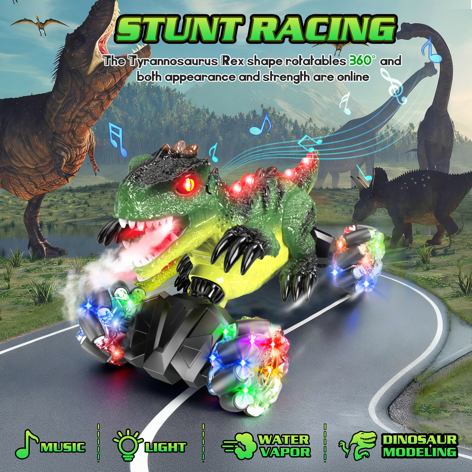 UUSUOO Dinosaur Remote Control Car, 4WD Rechargeable RC Stunt Car with Spray, LED Lights, Music, 360° Rotation, 2.4GHz Remote Control Dinosaur Monster Truck Gift