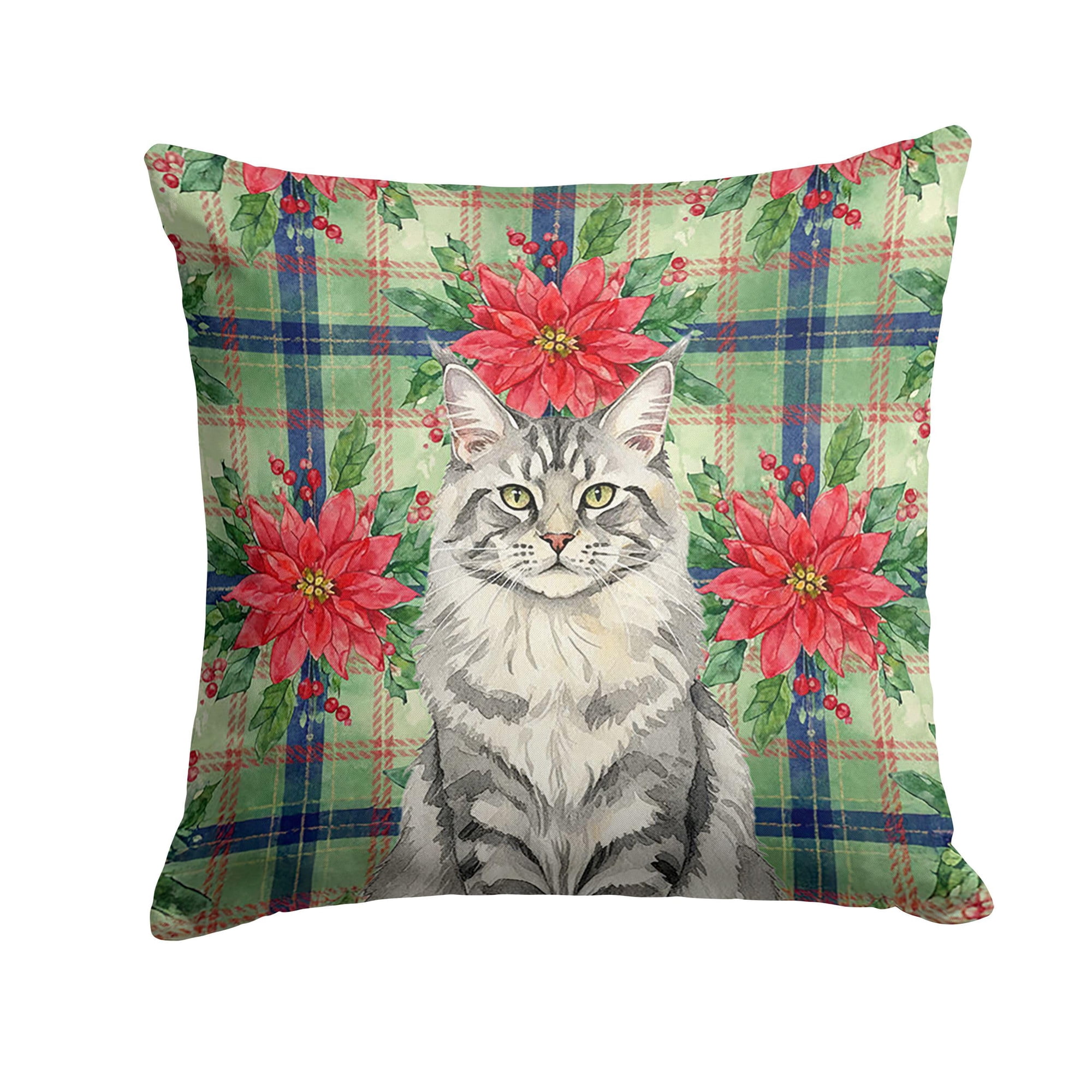 Caroline s Treasures MaineCoon Silver Tabby Cat with Poinsettias Throw Pillow Decorative Indoor Outdoor Accent Cushion for Couch Bed or Patio 18Hx18W