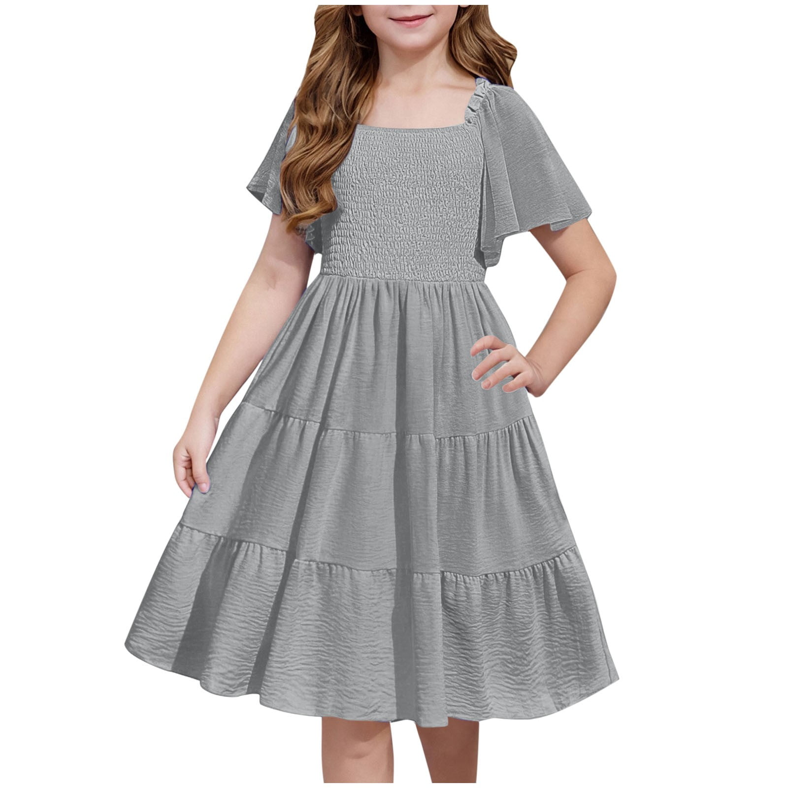 Girls Puffy Sleeve Square Neck Dress - Smocked Midi Sundress For Parties & Special Occasions