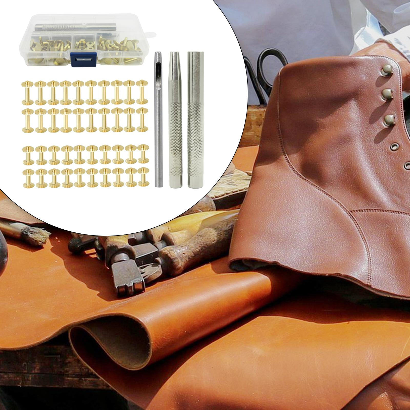 Leather Rivet Brass Rivets with Setting Tool Rivet Repairing Decorating Leather Crafting Tool Tubular for DIY Leather Craft Belt Making B