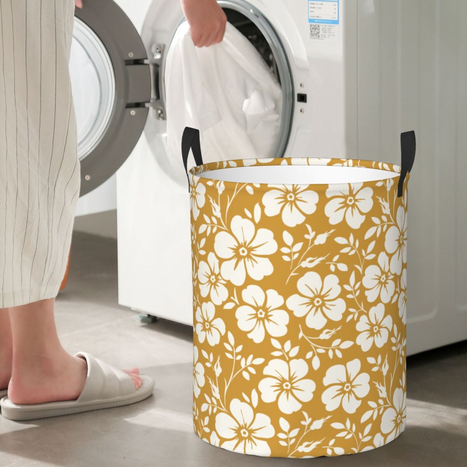 Large Laundry Basket with Handles - White Leaves Rose Flowers Kids Baby Dirty Clothes Laundry Hamper for Bedroom Aesthetic